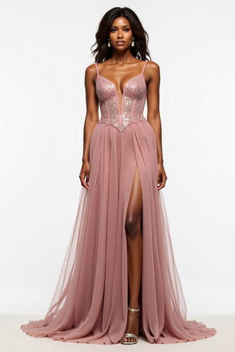 Corset Dusty Rose Tulle Prom Dress with Slit