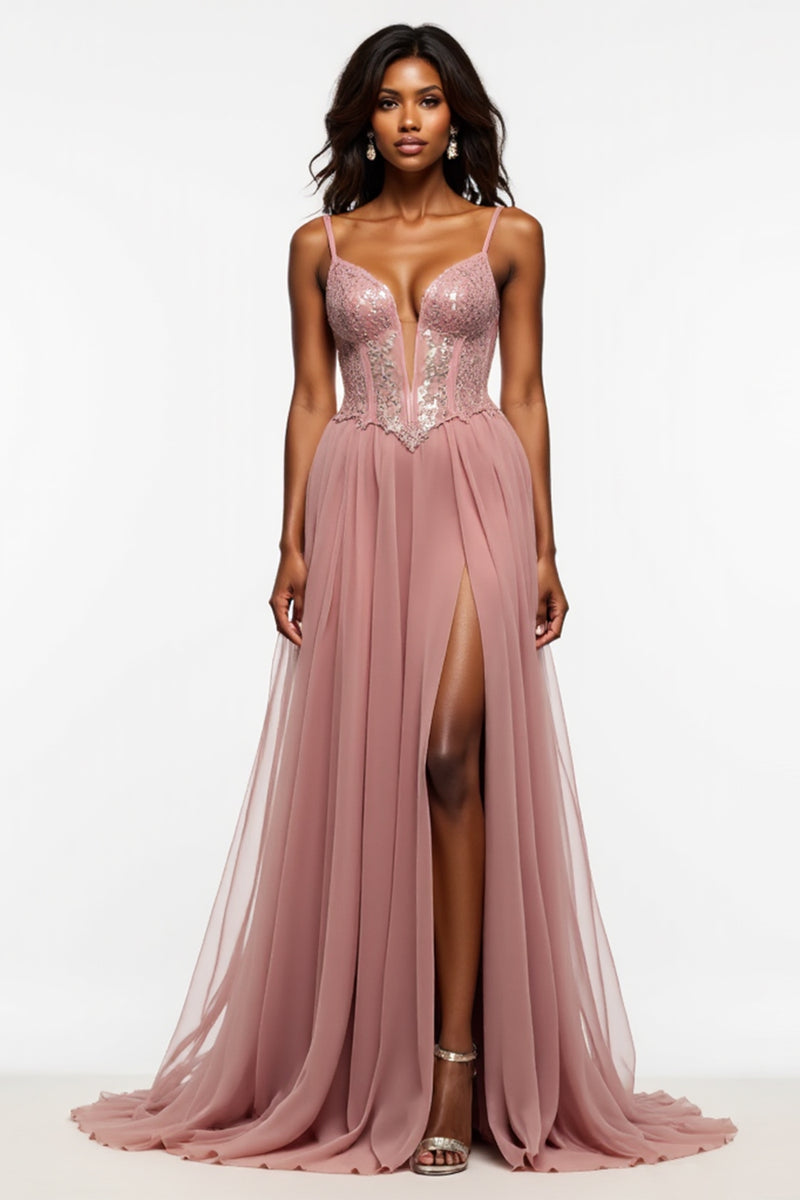 Load image into Gallery viewer, Corset Dusty Rose Tulle Prom Dress with Slit