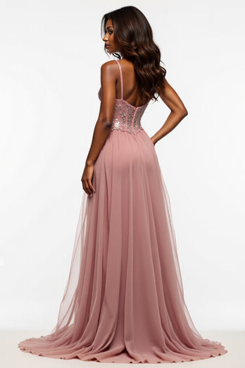 Corset Dusty Rose Tulle Prom Dress with Slit