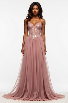 Corset Dusty Rose Tulle Prom Dress with Slit