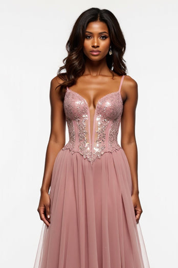 Corset Dusty Rose Tulle Prom Dress with Slit