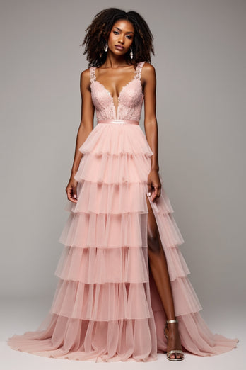 Blush Pink A Line Tulle Tiered V-Neck Prom Dress with Slit