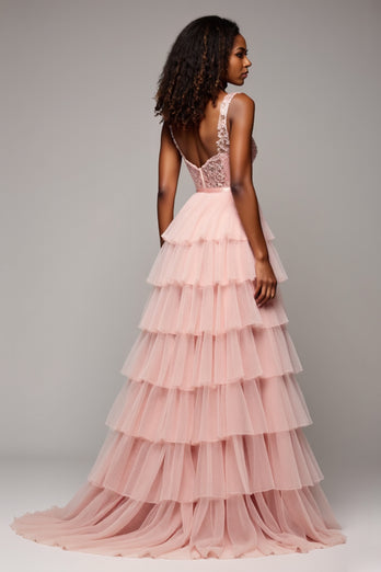 Blush Pink A Line Tulle Tiered V-Neck Prom Dress with Slit