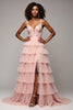 Load image into Gallery viewer, Blush Pink A Line Tulle Tiered V-Neck Prom Dress with Slit