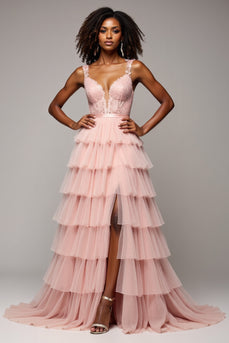 Blush Pink A Line Tulle Tiered V-Neck Prom Dress with Slit