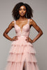 Load image into Gallery viewer, Blush Pink A Line Tulle Tiered V-Neck Prom Dress with Slit