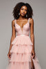 Load image into Gallery viewer, Blush Pink A Line Tulle Tiered V-Neck Prom Dress with Slit