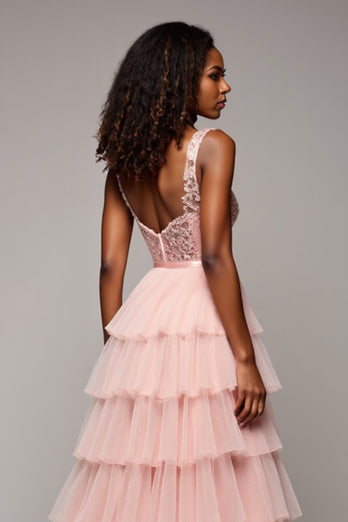 Blush Pink A Line Tulle Tiered V-Neck Prom Dress with Slit