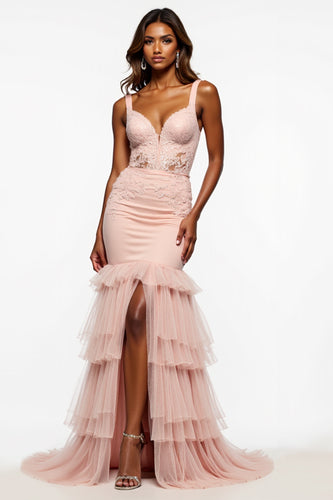 Blush Pink Mermaid Long Tulle Prom Dress with Slit