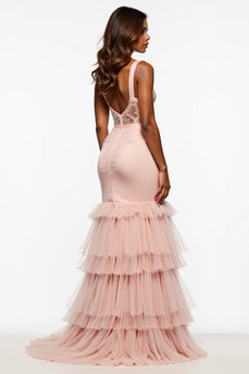 Blush Pink Mermaid Long Tulle Prom Dress with Slit