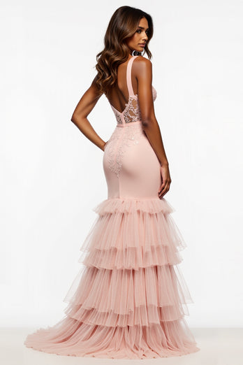 Blush Pink Mermaid Long Tulle Prom Dress with Slit