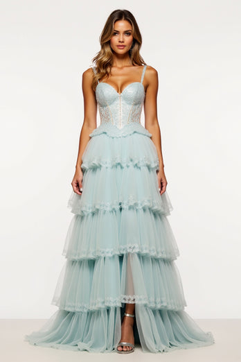 Light Blue Tiered Tulle Long Corset Prom Dress with Slit