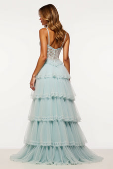 Light Blue Tiered Tulle Long Corset Prom Dress with Slit