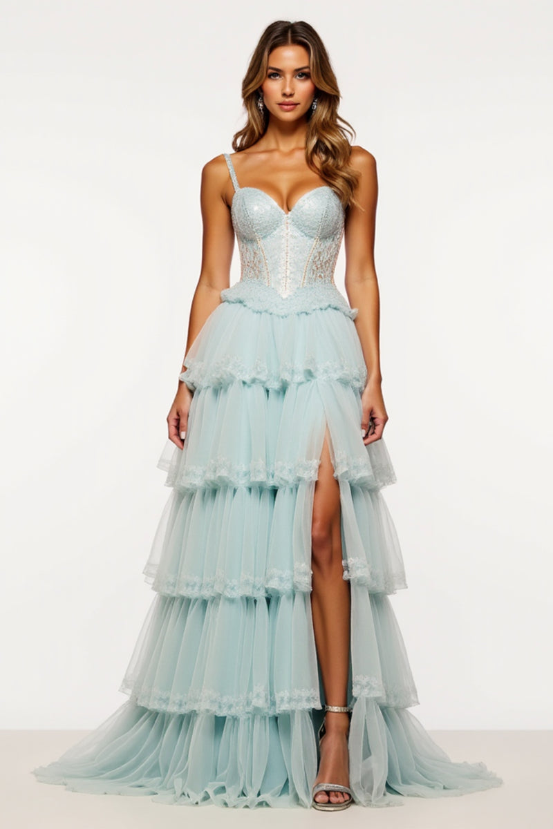 Load image into Gallery viewer, Light Blue Tiered Tulle Long Corset Prom Dress with Slit