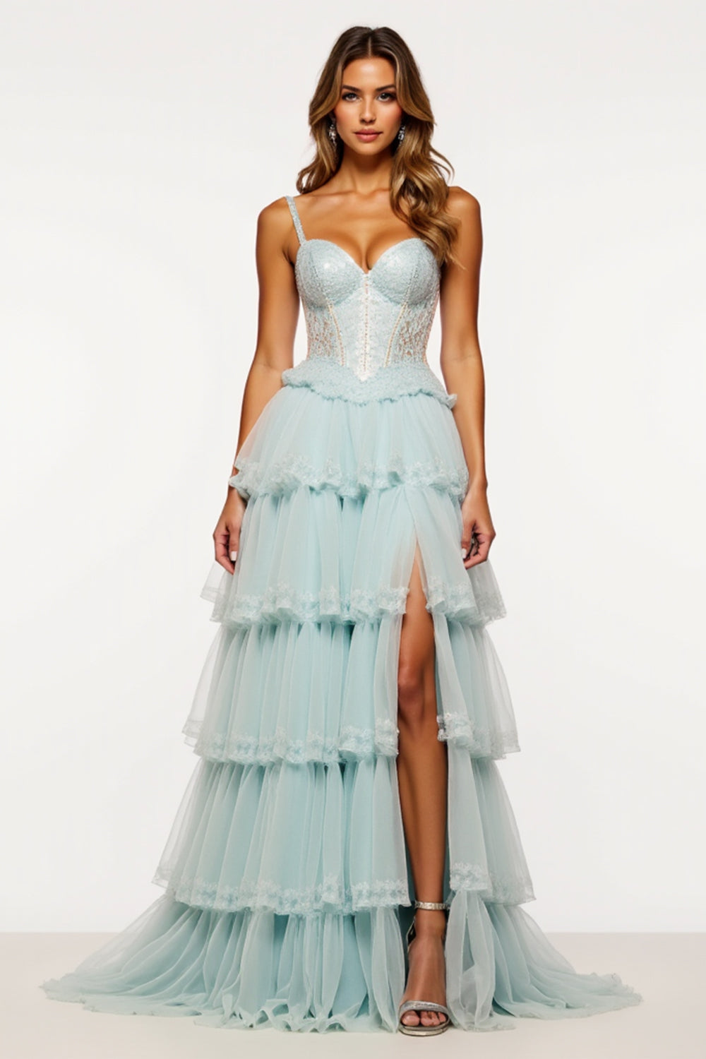 Light Blue Tiered Tulle Long Corset Prom Dress with Slit