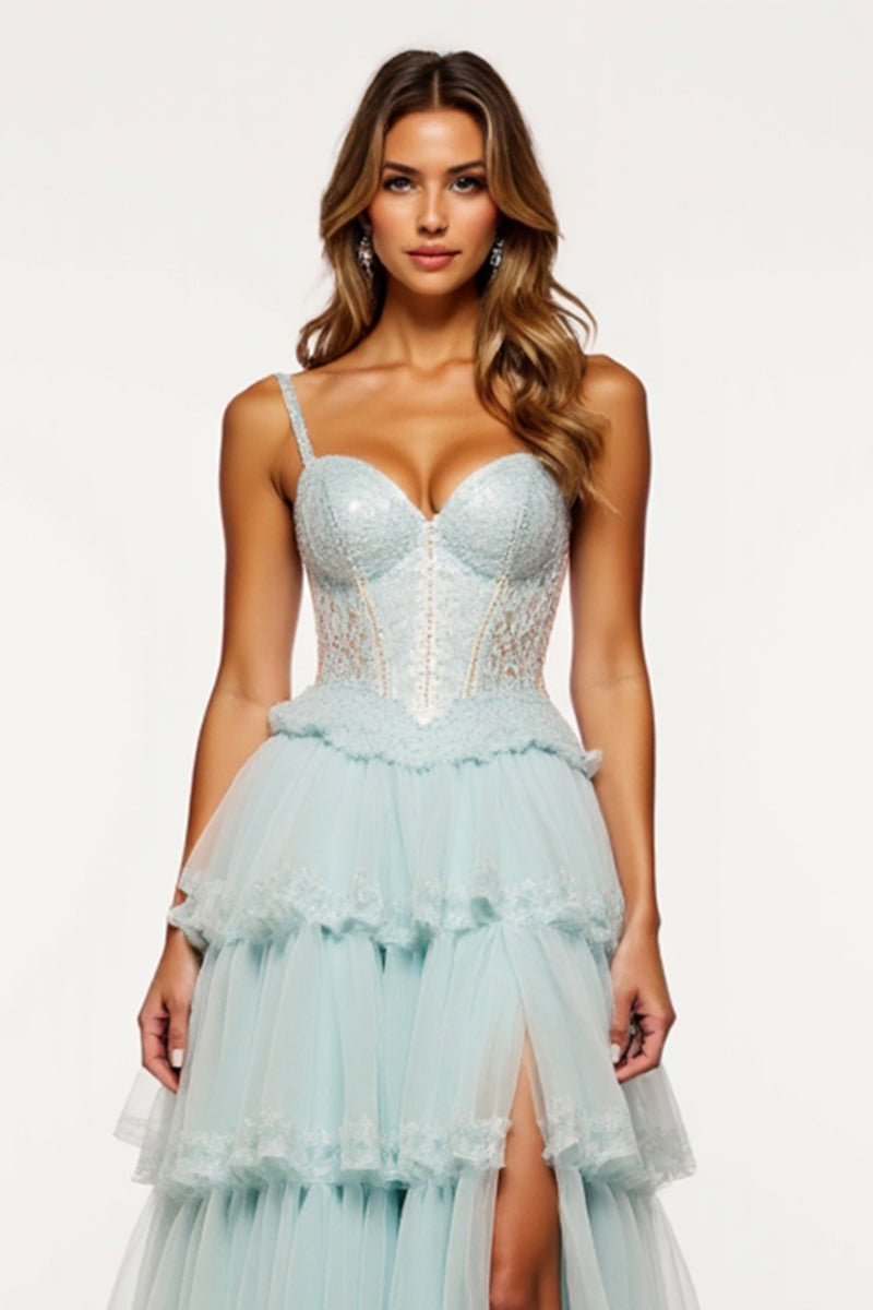 Load image into Gallery viewer, Light Blue Tiered Tulle Long Corset Prom Dress with Slit