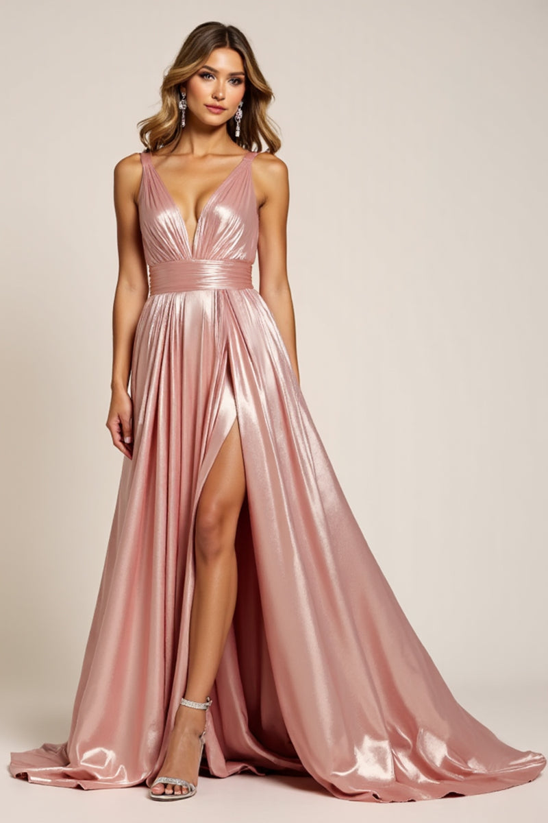 Load image into Gallery viewer, Sparkly Dusty Rose Deep V-Neck Long Satin Prom Dress with Slit