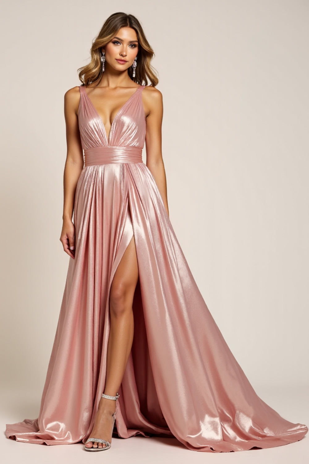 Sparkly Dusty Rose Deep V-Neck Long Satin Prom Dress with Slit