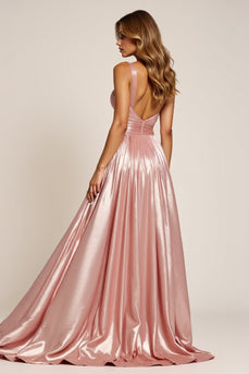 Sparkly Dusty Rose Deep V-Neck Long Satin Prom Dress with Slit