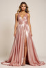 Load image into Gallery viewer, Sparkly Dusty Rose Deep V-Neck Long Satin Prom Dress with Slit