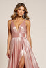 Load image into Gallery viewer, Sparkly Dusty Rose Deep V-Neck Long Satin Prom Dress with Slit