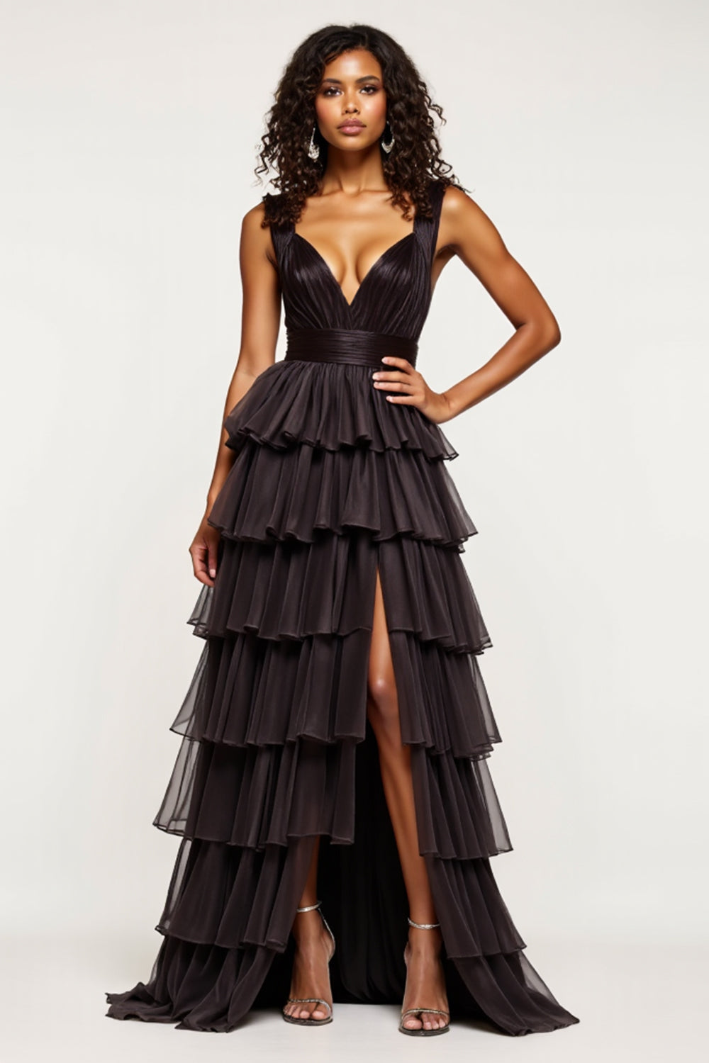 Black A Line Tiered Long Tulle Prom Dress with Slit