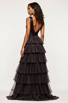 Black A Line Tiered Long Tulle Prom Dress with Slit