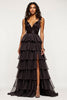 Load image into Gallery viewer, Black A Line Tiered Long Tulle Prom Dress with Slit