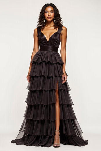 Black A Line Tiered Long Tulle Prom Dress with Slit