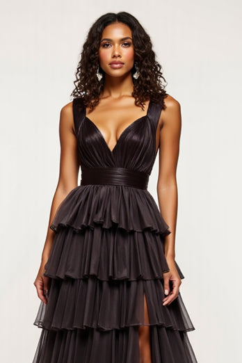 Black A Line Tiered Long Tulle Prom Dress with Slit