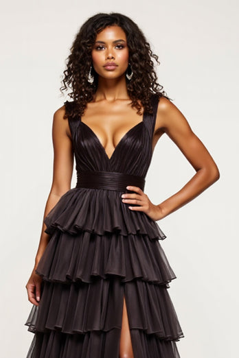 Black A Line Tiered Long Tulle Prom Dress with Slit