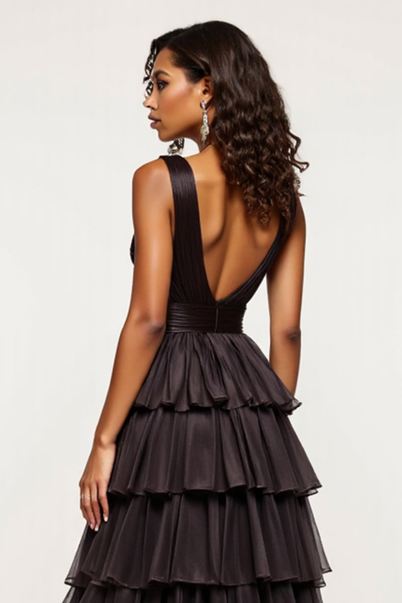 Load image into Gallery viewer, Black A Line Tiered Long Tulle Prom Dress with Slit