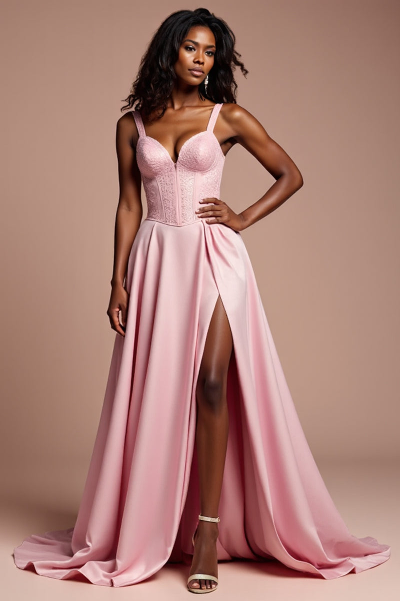 Load image into Gallery viewer, Corset Pink A Line Long Satin Prom Dress with Slit