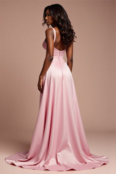 Corset Pink A Line Long Satin Prom Dress with Slit