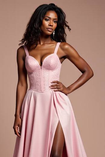 Corset Pink A Line Long Satin Prom Dress with Slit