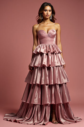 Dusty Rose A -Line Spaghetti Straps Long Tiered Prom Dress