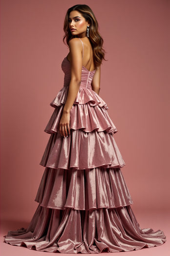 Dusty Rose A -Line Spaghetti Straps Long Tiered Prom Dress