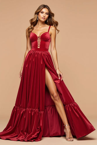 Dark Red A Line Satin Sweetheart Long Prom Dress with Slit