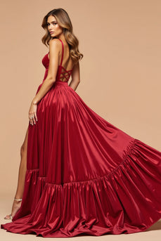 Dark Red A Line Satin Sweetheart Long Prom Dress with Slit