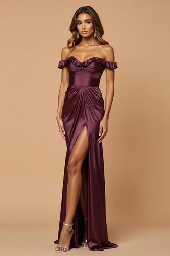 Purple Sheath Off the Shoulder Ruched Long Prom Dress with Slit