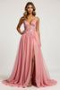 Load image into Gallery viewer, Pink A Line Tulle V-Neck Long Prom Dress with slit