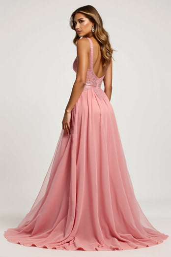 Pink A Line Tulle V-Neck Long Prom Dress with slit