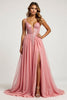 Load image into Gallery viewer, Pink A Line Tulle V-Neck Long Prom Dress with slit