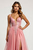 Load image into Gallery viewer, Pink A Line Tulle V-Neck Long Prom Dress with slit