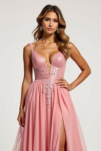 Pink A Line Tulle V-Neck Long Prom Dress with slit