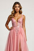 Load image into Gallery viewer, Pink A Line Tulle V-Neck Long Prom Dress with slit