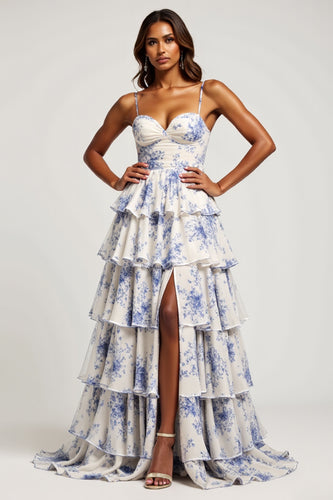 Sweetheart Blue Flower Chiffon Tiered Long Prom Dress with Slit