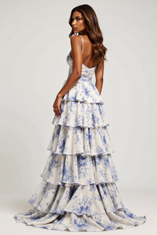 Sweetheart Blue Flower Chiffon Tiered Long Prom Dress with Slit