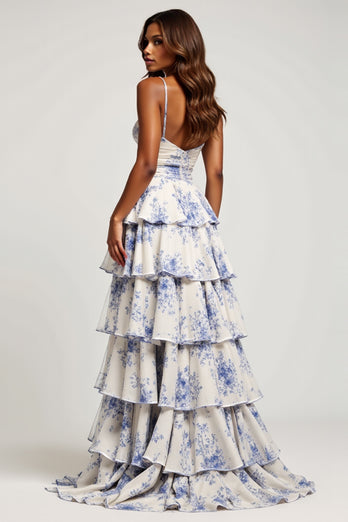 Sweetheart Blue Flower Chiffon Tiered Long Prom Dress with Slit