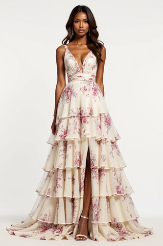 Champagne Flower Chiffon Tiered V-Neck Long Prom Dress with Slit